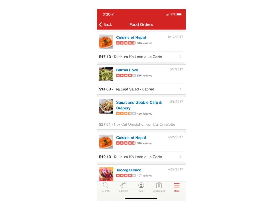 Food order history on iOS